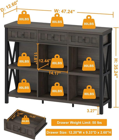 FATORRI Rustic 6 Cube Storage Organizer Shelf with 3 Drawers, Long Horizontal Bookshelf, Industrial Wood and Metal Cubby Bookcase (Walnut Brown, 47 Inch)