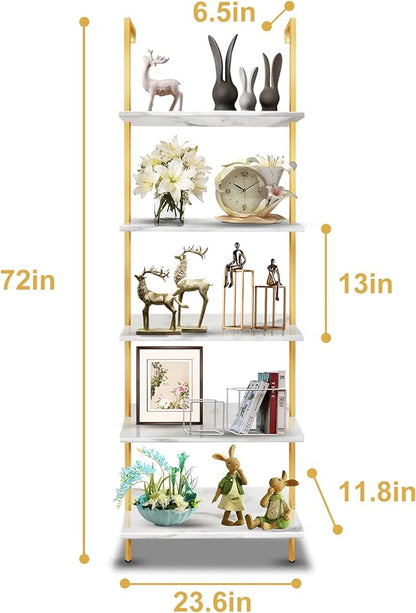 5 Tiers Ladder Shelf White Marble Modern Bookshelf Open Tall Wall Mount Bookcase Standing Leaning Wall Shelves Industrial Decorative