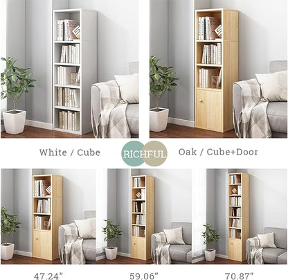 IOTXY Small Narrow Corner Bookcase - 71 Inches Tall Gap Freestanding Storage Cabinet, 7 Lattices Open Shelves Tower Rack with Door, Cubes Bookshelf in Oak