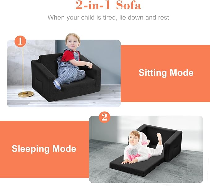 Kids Couch,2-in-1 Toddler Chairs for Boys,Kids Sofa with Storage,Comfortable Kids Sofa Bed,Fun Kids Lounge Chair,Toddler Furniture,Kids Playroom,Children'S Gifts (Black)