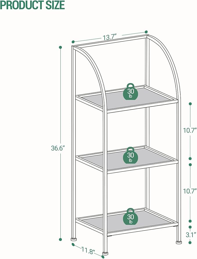 Bookcase Bookshelf, Tempered Glass Arched Bookshelf for More Storage, Slim Shelving Unit for Bedroom, Bathroom, Home Office, Steel Frame, 3 Tier Gold BC20399G