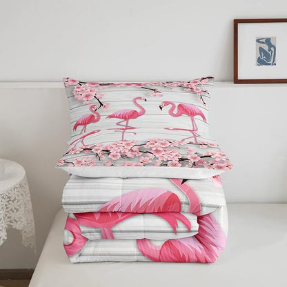 Erosebridal Flamingo Bedding Set Full,Cherry Blossoms Comforter Set for Girls Teens Women,Pink Tropical Bird Animal Comforter Flower Rustic Wooden Board Quilt Duvet Sets with 2 Pillow Cases