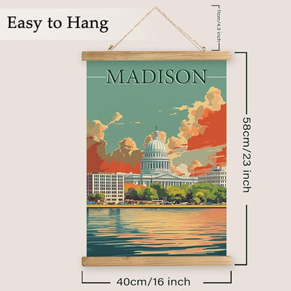 WREVERW Vintage Madison Poster Canvas Print with Wooden Hanger Frame, Featuring the Iconic Wisconsin State Capitol and Lakeside View, Wall Art for Home and Office Decor, 16x23 inches