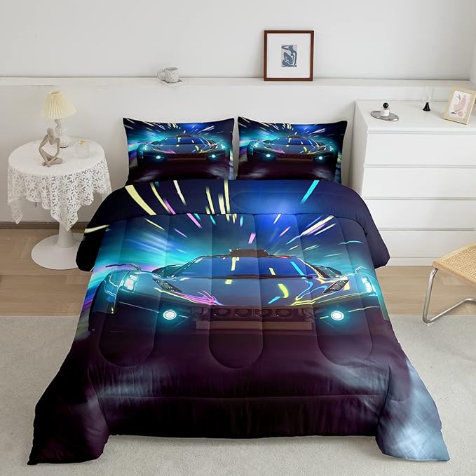 Erosebridal Racing Car Comforter Set Twin Size Racing Game Duvet Set Speed Car Quilt Set Extreme Sports Bedding Set for Kids Boys Teens Young Man Adult Gifts Kids Car Theme Room Decorative
