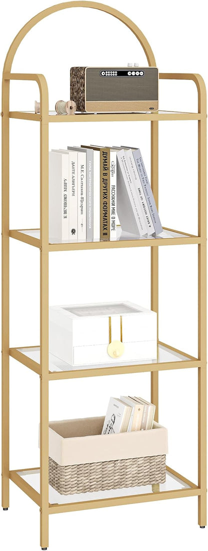 Bookcase Bookshelf, Tempered Glass Bookshelves, Slim Shelving Unit for Bedroom, Bathroom, Home Office, Steel Frame, 4 Tier Gold BC04001G