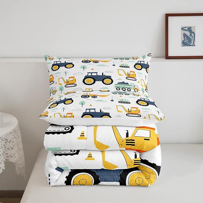 Tractor Comforter Set Queen, Cartoon Truck Bedding Set for Boys Girls Teens, Construction Tractor Down Comforter, Bulldozer Crane Equipment Duvet Set, Kawaii Vehicle Car Theme Comforter, Yellow Blue