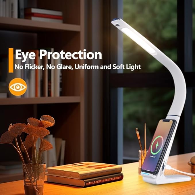 LED Desk Lamp with USB Charging Port, 10W wireless charger, Stepless dimmable, 3 Color Modes, Desk Lights for Home Office, Office Desk Lamp Eye Caring Reading Light, Gesture Control Table Lamp