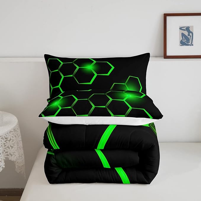 Honeycomb Kids Comforter Set Modern Geometry Hexagon Bedding Set for Boys Children Teens Bedroom Decor Geometrical Comforter Beehive Geometric Black Green Duvet Set Queen Size with 3 Pillow Case