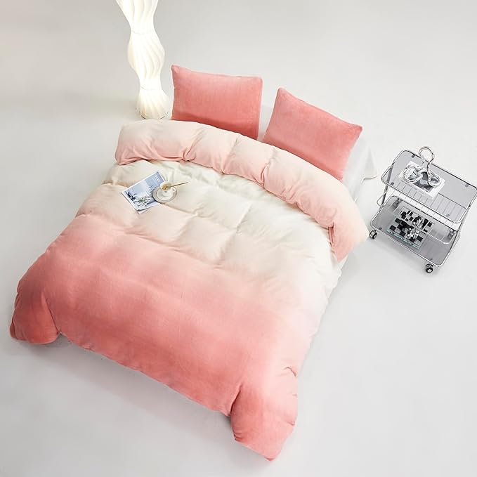 Wellboo Pink White Gradient Comforter Set Queen White and Pink Fluffy Bedding Blush Pink Velvet Comforters for Women Girls Bean Pink Gradient Flannel Quilts Farmhouse Abstract Art Watercolor Blankets