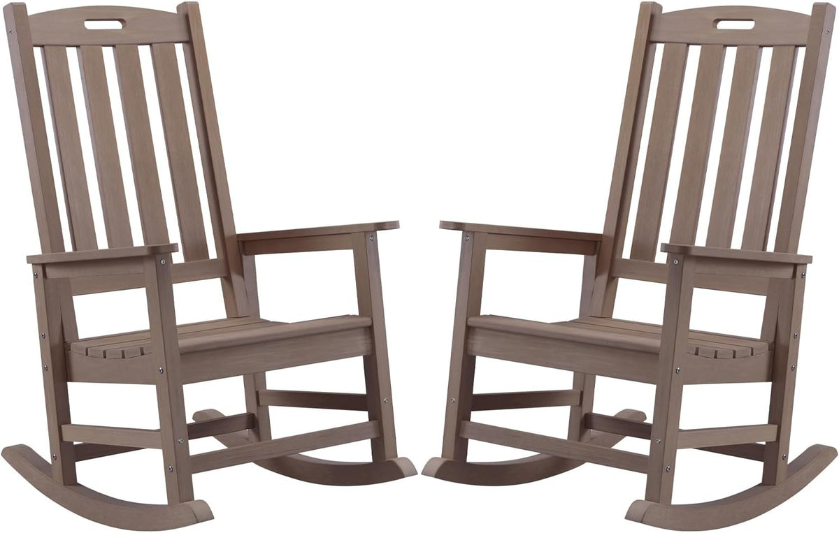 Outdoor Rocking Chairs Set of 2, Oversized Porch Rocker (Brown) | Weather Resistant Rocking Chairs with High Back, Heavy-Duty Large Patio Rocker with 350lbs Weight Capacity for Adult