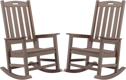 Outdoor Rocking Chairs Set of 2, Oversized Porch Rocker (Brown) | Weather Resistant Rocking Chairs with High Back, Heavy-Duty Large Patio Rocker with 350lbs Weight Capacity for Adult
