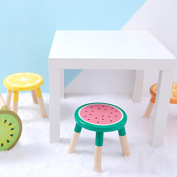 9 Inch Kids Solid Hard Wood Fruit Chair, Crafted Hand-Painted Wood with Assembled Four-Legged Sitting Stool, Bedroom, Playroom, Lemon Furniture Stool for Children,Toddler, Boys, Girls (Lemon)
