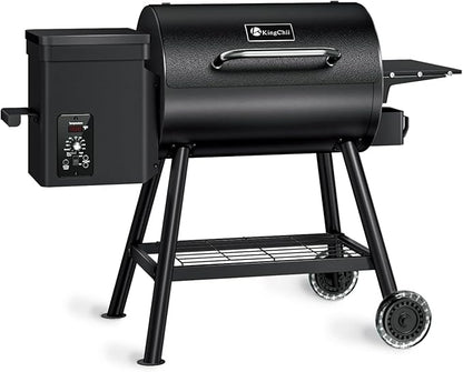 KingChii Electric Wood Pellet Grill & Smoker with Side Shelf, 456 SQ.IN Grill Capacity, with PID Temperature Control (180-425°F) for Backyard Camping Bake and Roast, Black