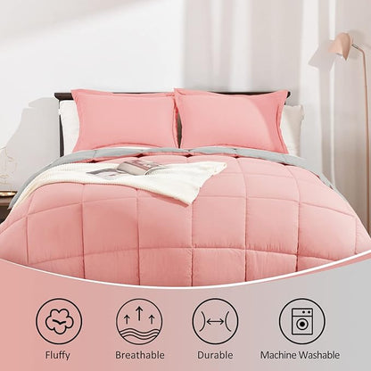 Basic Beyond King Size Comforter Set - Fluffy King Bed Comforter Set for All Seasons - Reversible Pink and Grey Comforter Set King - 3 Pieces (1 Comforter + 2 Pillow Shams)