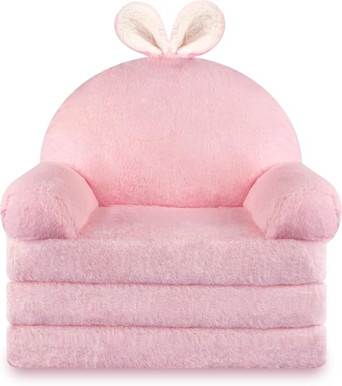 Kids Couch Fold Out Soft Toddler Chairs,Toddler Armrest Chair Bed for Play,Gift for 0-3 Years,Pink Bunny