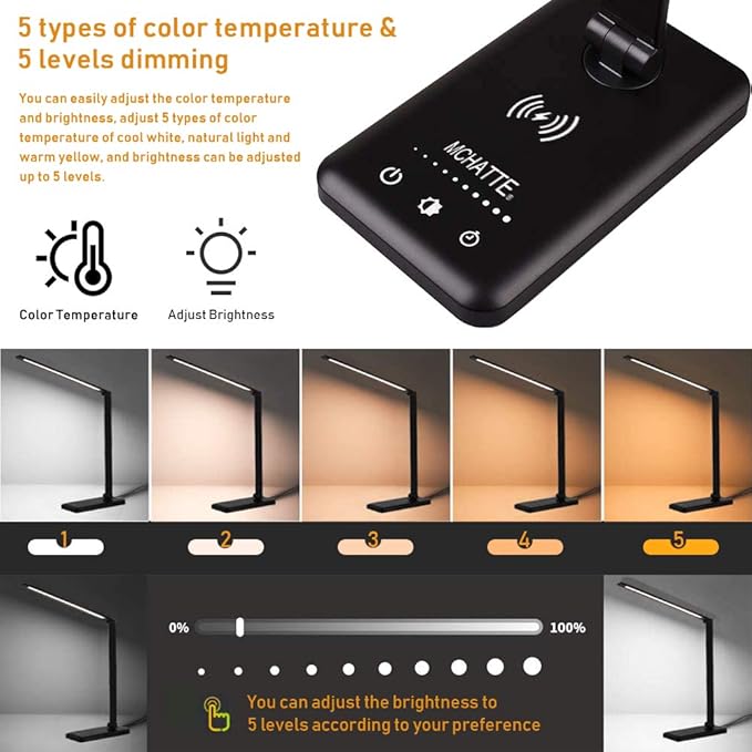 LED Desk Lamp with Wireless Charger, USB Charging Port, Dimmable Eye-Caring Desk Light with 5 Brightness Levels & 5 Lighting Modes, Touch Control, Auto Timer (Black)