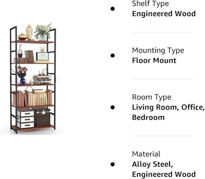 NUMENN 5 Tier Bookshelf, Tall Bookcase Shelf Storage Organizer, Modern Book Shelf for Bedroom, Living Room and Home Office, Teak