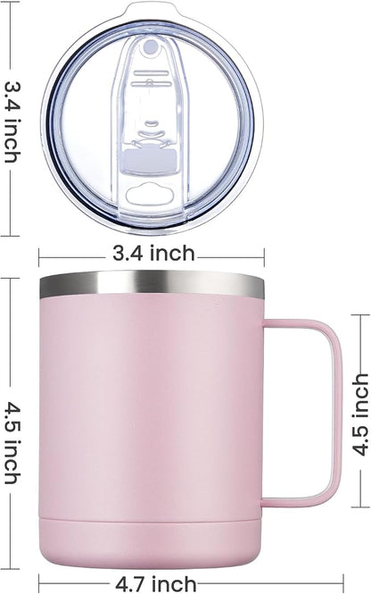 MEWAY 12oz Coffee Mug With Handle and Sliding Lid,Stainless Steel Travel Tumbler Cup with Handle,Double Wall Vacuum Insulated Camping Cup for Hot & Cold Drinks Tea (Pink,Set of 1)