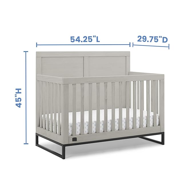 Simmons Kids Foundry 6-in-1 Convertible Baby Crib, Rustic Mist with Matte Black + Quiet Nights Breathable Crib Mattress with Removable/Machine Washable Cover (Bundle)