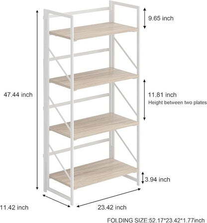 JSB No Assembly Folding Bookshelf, 4 Tier Industrial Metal Book Shelf for Storage, Vintage Wood foldable Bookcase for Living Room, Bedroom, Office Organization Shelves