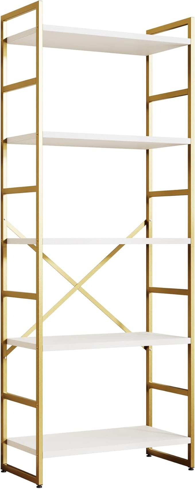 Shintenchi 5 Tiers Bookshelf, Classically Tall Bookcase Shelf,Industrial Book Rack,Modern Book Holder in Bedroom/Living Room/Home/Office, Storage Rack Shelves for Books/Movies,Gold