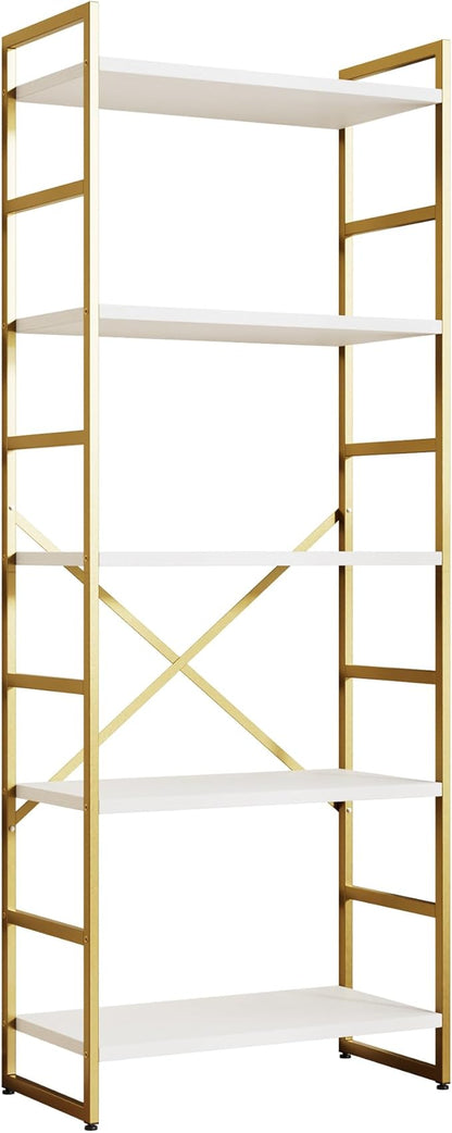 Shintenchi 5 Tiers Bookshelf, Classically Tall Bookcase Shelf,Industrial Book Rack,Modern Book Holder in Bedroom/Living Room/Home/Office, Storage Rack Shelves for Books/Movies,Gold