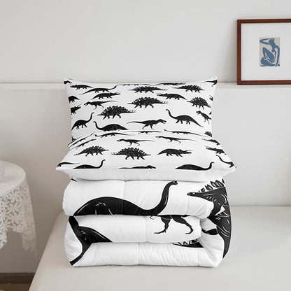 Erosebridal Dinosaur Down Comforter Dino Silhouettes Bedding Set King Size, Wildlife Animals Black White Comforter Sets for Kids Boys Teens Adult Bedroom, Dinosaurs Comforter with 2 Pillow Cases