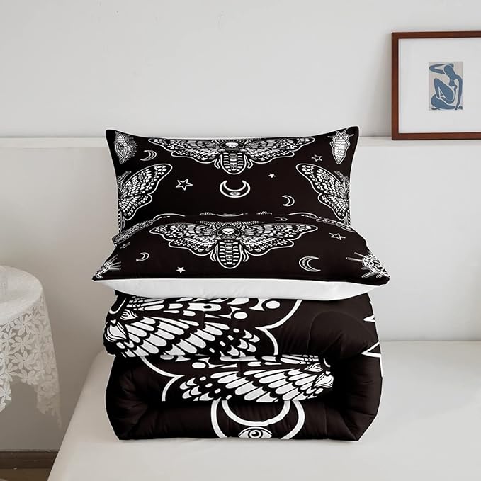 Feelyou Boys Boho Moth Comforter Set Twin Size Men Gothic Skull Bedding Set for Girls Women Bedroom Decor Bohemian Moon Star Comforter Personalized Moth Skull Skeleton Bones Duvet Set Teens Quilt Set