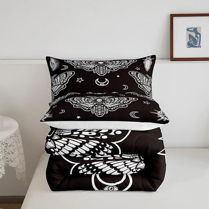 Boys Boho Moth Comforter Set Queen Size Men Gothic Skull Bedding Set for Girls Women Bedroom Decor Bohemian Moon Star Comforter Personalized Moth Skull Skeleton Bones Duvet Set Teens Quilt Set