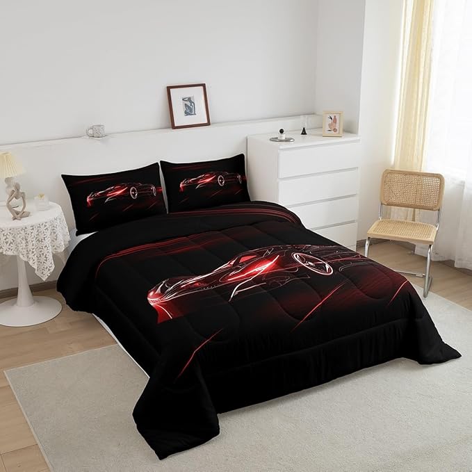 Feelyou Red Race Car Bedding Set Full Size for Kids Boys Extreme Sport Games Comforter Set Teens Toddler Fast and Furious Duvet Set Cool Modern Quilt Set 3Pcs