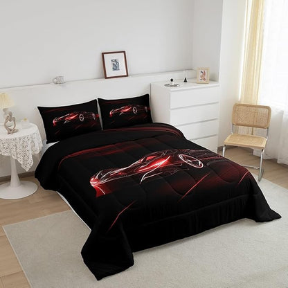 Feelyou Red Race Car Bedding Set Full Size for Kids Boys Extreme Sport Games Comforter Set Teens Toddler Fast and Furious Duvet Set Cool Modern Quilt Set 3Pcs