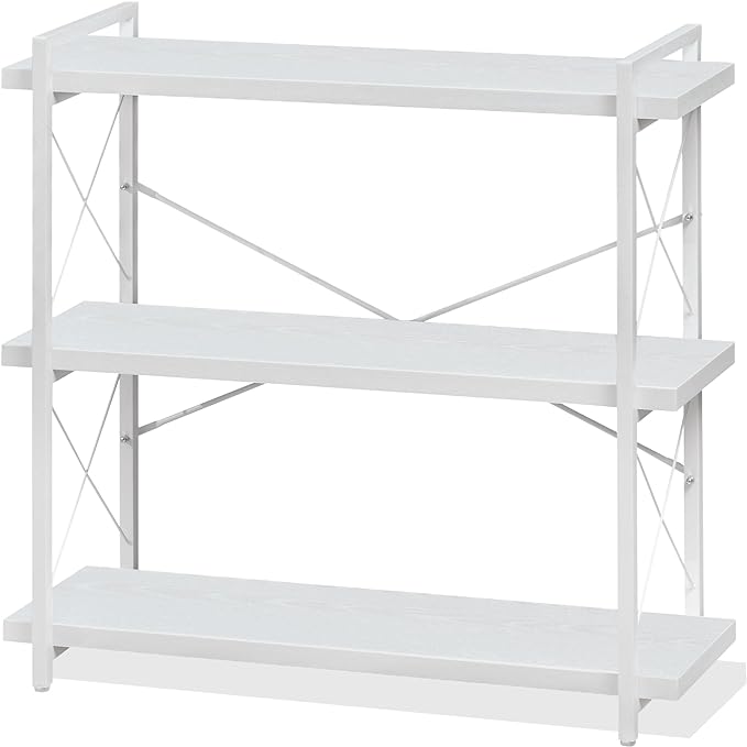 HCHQHS Bookshelf, 3-Tier Industrial Bookcase, White Open Book Shelf, Freestanding Horizontal Bookshelves with Metal Frame