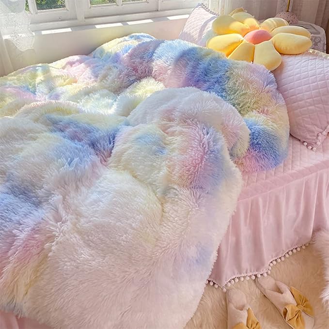 Faux Fur Kids Girls Sunshine Rainbow Comforter Sets Twin/Full - 3PC Bed Set Warm Comfortable Soft Plush Flannel Velvet Fluffy Fuzzy Bedding（Comforter x 1 Pillowcases x 2）