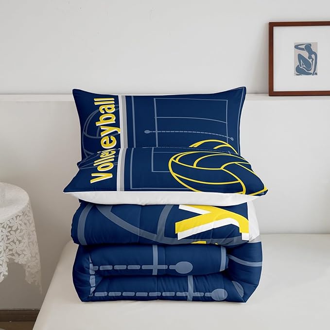 Feelyou Volleyball Bedding Set Twin Size Sports Game Comforter Set for Kids Boys Girls Decor Volleyball Player Comforter Microfiber Blue Yellow Duvet Set Bedroom Quilt Set