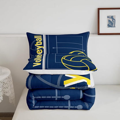 Feelyou Volleyball Bedding Set Twin Size Sports Game Comforter Set for Kids Boys Girls Decor Volleyball Player Comforter Microfiber Blue Yellow Duvet Set Bedroom Quilt Set