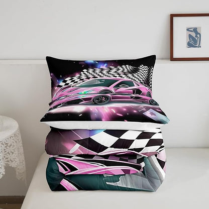 Pink Race Car Bedding Set Queen Size,Racing Flag Black White Lattice Duvet Cover with 2 Pillowcases,Extreme Sport Game Comforter Cover for Kids Youths Boys Girls Room Decor,Modern Quilt Cover