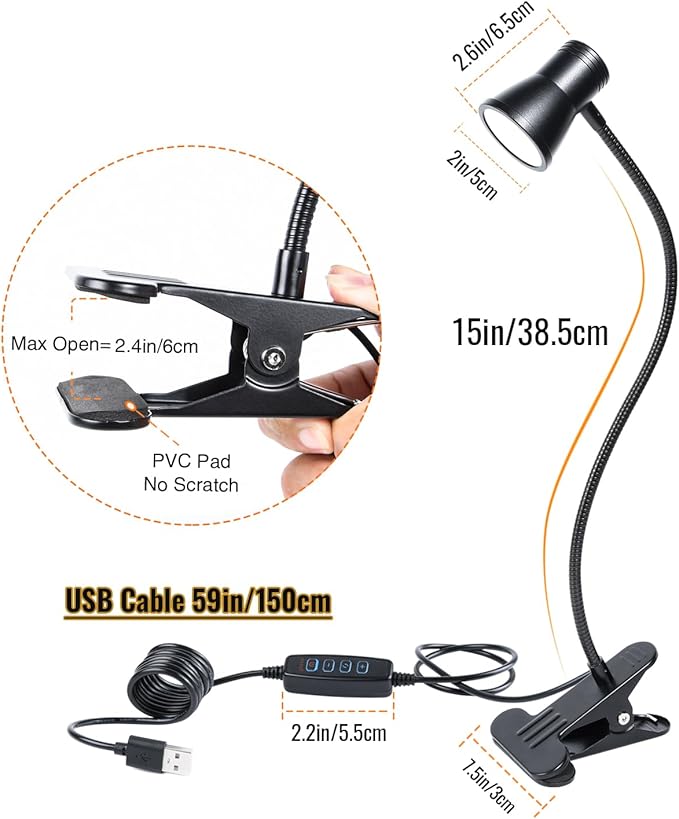 Clip Desk Lamp, USB Reading Light, Flexible Neck Led Clamp Light with 3 Color Temperature Options, 10 Dimmable Brightness Levels for Working, Studying (8W)