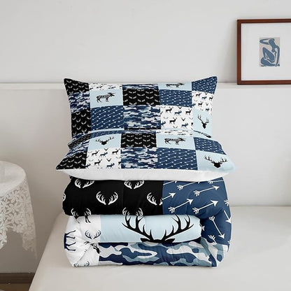 Cute Deer Comforter Set Full, Military Camo Bedding Set for Kids Boys Teens Bedroom Tribal Animal Antlers Silhouette Quilted Comforter Checkered Plaid Arrows Bedding Comforters, Army Blue and White