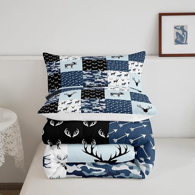 Cute Deer Comforter Set Queen, Military Camo Bedding Set for Kids Boys Teens Bedroom Tribal Animal Antlers Silhouette Quilted Comforter Checkered Plaid Arrows Bedding Comforters, Army Blue and White