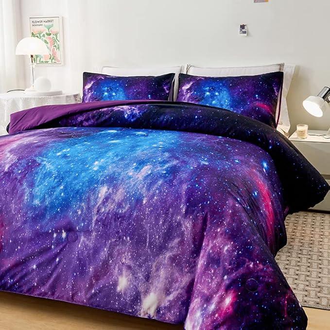 Galaxy Comforter Set,Girls Purple Bedding Set Full,Galaxy Bedding Set for Kids Girls Boys,Space Comforter Set Full with Pillowcase,Girls Full Comforter Set
