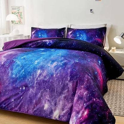 Galaxy Comforter Set,Girls Purple Bedding Set Full,Galaxy Bedding Set for Kids Girls Boys,Space Comforter Set Full with Pillowcase,Girls Full Comforter Set