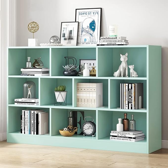 IOTXY Open Shelf Low Bookcase - Wooden 3-Tier Floor Standing Display Cabinet Organizer with Base, 10 Cubes Short Horizontal Bookshelf in Tiffany-Green
