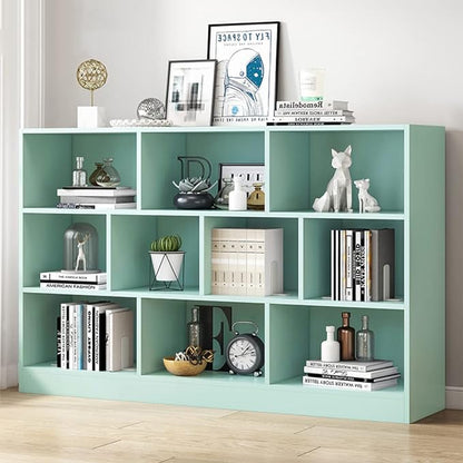 IOTXY Open Shelf Low Bookcase - Wooden 3-Tier Floor Standing Display Cabinet Organizer with Base, 10 Cubes Short Horizontal Bookshelf in Tiffany-Green