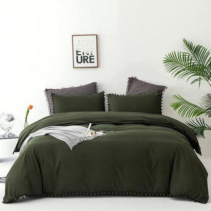 Army Green Comforter Full Dark Green Pom Green Comforter 3 PCs Soft Olive Green Boho Ball Pom Fringe Full Comforter Bedding Set Women Solid Dark Green Full Bed Comforter All Season