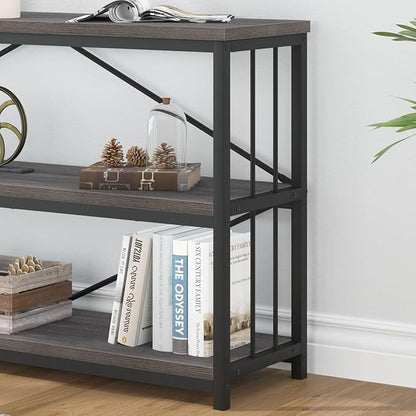 IBF Wood and Metal Book Shelf, Industrial Rustic Low 3 Tier Bookshelf, Farmhouse Long Wide Vintage Horizontal Bookcase, Modern Large Open Etagere for Home Office Living Room Bedroom, Gray Oak, 63 Inch