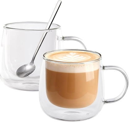 Double Wall Glass Coffee Mugs 10 Oz with Handle - Set of 2 | Insulated Clear Espresso Coffee Mug with Handle, Double Walled Coffee Cups for Cappuccino, Latte, Tea, Hot Drinks