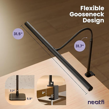 Neatfi LED Desk Lamp with Clamp and Base, Motion Sensor, Touch Control, 1100 Lumens, 5 Brightness Levels, 5 Light Modes, Steplessly Adjustable, 60-min Timer, Ideal for Home, Study, Reading (Black)