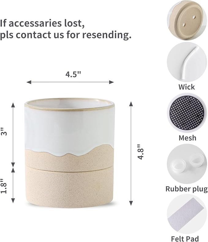 Nihow Self Watering Plant Pot: 4.5 Inch Ceramic Planter with Drainage Hole & Water Storage Plus for Indoor & Outdoor Plants - Cylinder Flower Pot for Herbs/Violets - White & Nature