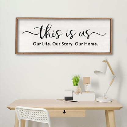 This is us Wall Decor Sign 40'' x 15'' Large Master Bedroom Home Life Story Wood Framed Vintage Family Sign Rustic Plaque Living Room Minimalist Farmhouse Hanging Wall Art (Wood)