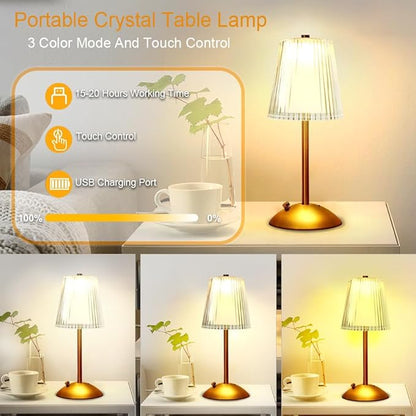 Portable Crystal Table Lamp,Cordless Metal Vintage Desk Lamp,3 Color Touch Control Rechargeable Lamp,3-Levels Brightness Room Decor Desk Lamp,Living Room,Kitchen,Dining Room Lamp (Gold-2)